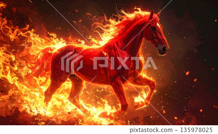 Beautiful illustration of a horse on a red background in a Chinese style. Beautiful illustration of a horse on a red background in a Chinese style. 135978025