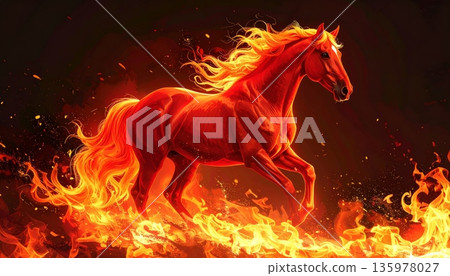 Beautiful illustration of a horse on a red background in a Chinese style. 135978027
