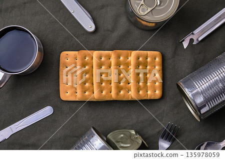 Hardtack and emergency food on a cloth 135978059