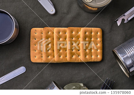 Hardtack and emergency food on a cloth 135978060