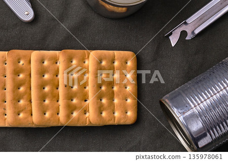 Hardtack and emergency food on a cloth 135978061