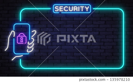Neon security frame with smartphone and lock icon on dark brick wall. Futuristic glow emphasizes data protection, privacy, and digital safety concepts. 135978210