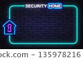 Neon home security sign with house and key icon on brick background. Futuristic glow emphasizes safety, protection, and smart home systems. 135978216