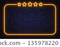 Yellow neon frame with five stars on dark brick wall. Glowing rating design represents quality feedback, reviews, and top service level. 135978220