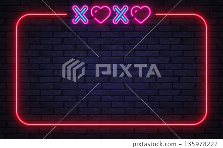 Neon XOXO frame with heart symbols on brick background. Bright contrast expresses dating choices, emotions, or decision concepts. Neon XOXO frame with heart symbols on brick background. Bright contrast expresses dating choices, emotions, or decision concepts. 135978222