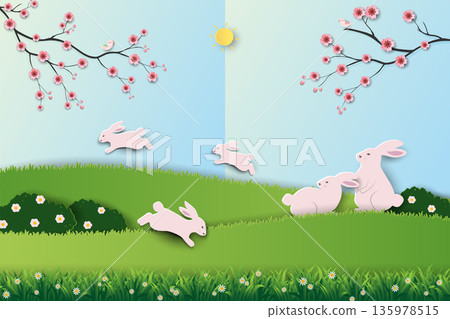Happy Easter greeting card ,Nature background with cute rabbits family happy on spring garden Happy Easter greeting card ,Nature background with cute rabbits family happy on spring garden 135978515
