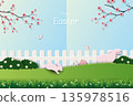 Happy Easter greeting card,Blooming flowers with cute rabbits and easter eggs on spring garden 135978516