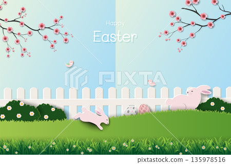 Happy Easter greeting card,Blooming flowers with cute rabbits and easter eggs on spring garden Happy Easter greeting card,Blooming flowers with cute rabbits and easter eggs on spring garden 135978516