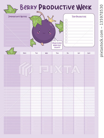 Weekly Productive Planner Template with Cute Kawaii Blackcurrant Princess in Crown. Printable Planner Page Vertical Portrait Layout with Berry Mascot, Purple Stationery Vector Illustration 135978530