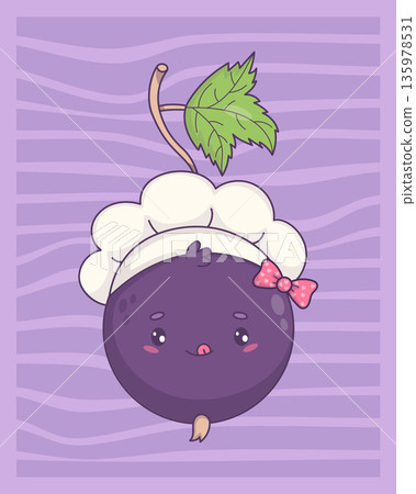 Cute Chef Blackcurrant Girl Character. Berry Currant Kawaii Cartoon Mascot with Cook Hat and Bow for Kitchen, Menu and Restaurant Design. Vector illustration Cute Chef Blackcurrant Girl Character. Berry Currant Kawaii Cartoon Mascot with Cook Hat and Bow for Kitchen, Menu and Restaurant Design. Vector illustration 135978531