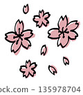 Hand-drawn illustration of pink cherry blossoms and falling petals 135978704