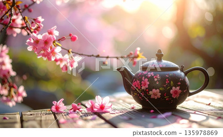 A close-up image of vibrant pink flowers and fresh green tea in a white teacup with a saucer, placed on a table. A close-up image of vibrant pink flowers and fresh green tea in a white teacup with a saucer, placed on a table. 135978869