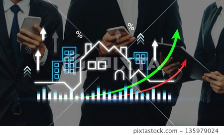 Business professionals using smartphones to analyze real estate market trends with graphical data representation and upward growth indicators Gluon 135979024
