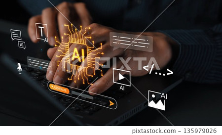 Innovative AI Technology in Digital Communication and Data Analysis with Hands Typing on Laptop Keyboard Surrounded by Virtual Icons and Graphics Gluon 135979026