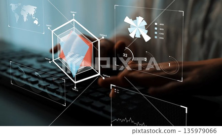 Modern Data Analysis with 3D Graphs and Metrics on Keyboard with Blurred Background Illustrating Technology and Innovation in Business Gluon 135979066