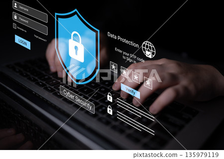 Digital Cyber Security Concept with Hands Typing on Laptop and Virtual Security Icons for Online Protection and Data Safety Representation Gantry Digital Cyber Security Concept with Hands Typing on Laptop and Virtual Security Icons for Online Protection and Data Safety Representation Gantry 135979119