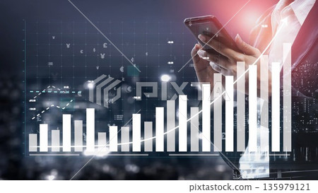Business professional analyzing data on smartphone with bar graph and growth trend, financial technology concept in modern office environment Copula 135979121