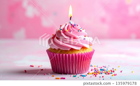 A beautifully decorated pink birthday cupcake topped with sweet chocolate frosting, a single lit candle, and sprinkled with colorful sugar sprinkles. 135979178