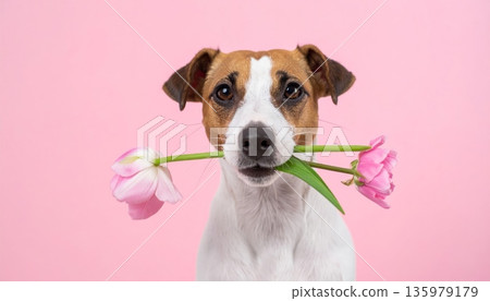 A cute little puppy is sitting with yellow flowers. 135979179