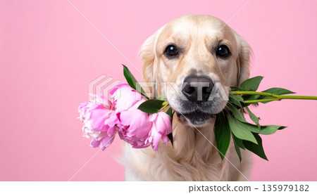 A cute little puppy is sitting with yellow flowers. A cute little puppy is sitting with yellow flowers. 135979182