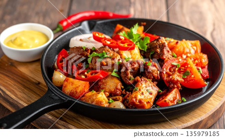 Spicy beef curry and delicious beef stew with vegetables, served with hot steamed rice for a healthy meal. 135979185