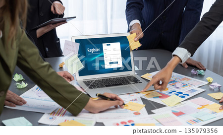 Analyst team use sticky note for creative brainstorm with BI data. Prodigy Analyst team use sticky note for creative brainstorm with BI data. Prodigy 135979356