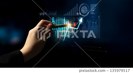 Digital Financial Graph Analysis with Hand Holding Pen, Business Growth Concept, Charts and Statistics Displayed on Screen for Financial Reports Scalp Digital Financial Graph Analysis with Hand Holding Pen, Business Growth Concept, Charts and Statistics Displayed on Screen for Financial Reports Scalp 135979517