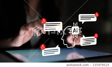 Conceptual representation of artificial intelligence communication with warnings and digital interaction on a tablet in a dark setting, showcasing technology impact and concerns Gantry Conceptual representation of artificial intelligence communication with warnings and digital interaction on a tablet in a dark setting, showcasing technology impact and concerns Gantry 135979525