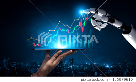 Futuristic robotic hand presenting tablet with financial chart and glowing data visualization in a modern city environment at night Scalp 135979610