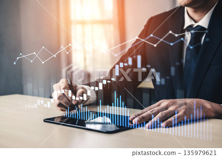 Business Professional Analyzing Market Trends on Tablet with Financial Graphs, Data Charts, and Nighttime City View in Modern Office Setting Scalp Business Professional Analyzing Market Trends on Tablet with Financial Graphs, Data Charts, and Nighttime City View in Modern Office Setting Scalp 135979621