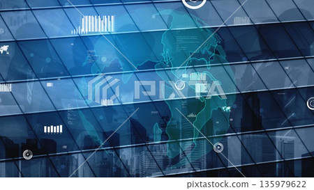 Abstract digital global business map and data analytics visualization overlaid on a modern urban skyline with reflections on glass panels xenic Abstract digital global business map and data analytics visualization overlaid on a modern urban skyline with reflections on glass panels xenic 135979622
