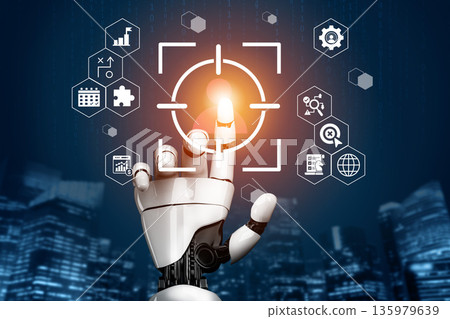 Futuristic Robot Hand Reaching Toward Target with Digital Icons Representing Technology, Data, Business, and Innovation in Urban Environment Gantry Futuristic Robot Hand Reaching Toward Target with Digital Icons Representing Technology, Data, Business, and Innovation in Urban Environment Gantry 135979639