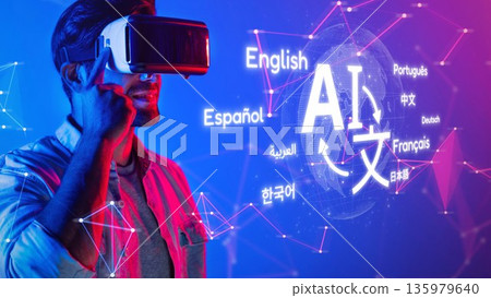 Man Using Virtual Reality Headset with AI Language Options Displayed in Multiple Languages for Innovative Technology Concept. Raster Man Using Virtual Reality Headset with AI Language Options Displayed in Multiple Languages for Innovative Technology Concept. Raster 135979640