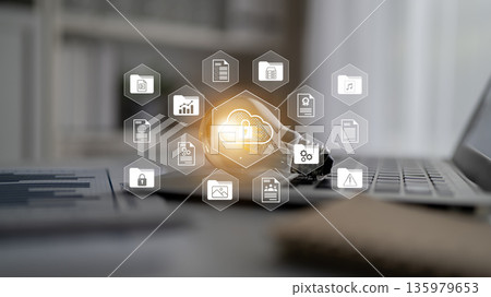 Cloud Computing Security Concept with Lock and Document Icons on Modern Laptop Display for Data Protection and Digital Innovation in Work Environment Gantry Cloud Computing Security Concept with Lock and Document Icons on Modern Laptop Display for Data Protection and Digital Innovation in Work Environment Gantry 135979653