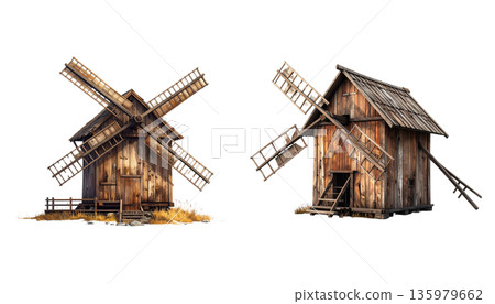 An old wooden windmill is abandoned on a grassy hill in the countryside against a white background. 135979662