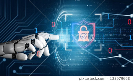 Futuristic Robot Hand Reaching for Digital Security Shield on High-Tech Circuit Background Representing Cybersecurity and Data Protection Concepts Gluon 135979668