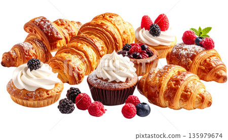 Freshly baked bread and delicious croissants are arranged in a bread basket against a white background. Freshly baked bread and delicious croissants are arranged in a bread basket against a white background. 135979674
