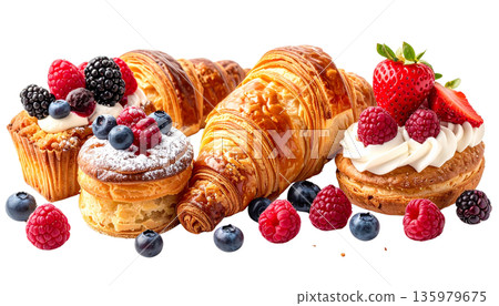 Freshly baked bread and delicious croissants are arranged in a bread basket against a white background. Freshly baked bread and delicious croissants are arranged in a bread basket against a white background. 135979675