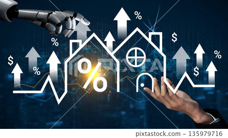 Innovative Technology in Real Estate Market, Featuring a Robot Hand and Human Connection with Rising Graphs and Percent Symbols in a Digital Environment Gluon Innovative Technology in Real Estate Market, Featuring a Robot Hand and Human Connection with Rising Graphs and Percent Symbols in a Digital Environment Gluon 135979716