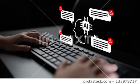 Hands Typing on Keyboard with AI Concept, Digital Communication, Alert Notifications, Technology and Innovation, Interactive Interface, Innovation and Future, Modern Workspace Gantry 135979717