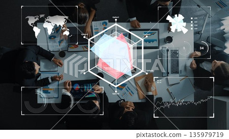 Business meeting with analytics and graphs, diverse professionals collaborating on data-driven strategies and visual presentations in a modern office environment Gluon 135979719