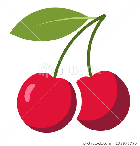Two ripe red cherries on a stem with a green leaf, simple flat illustration style 135979759