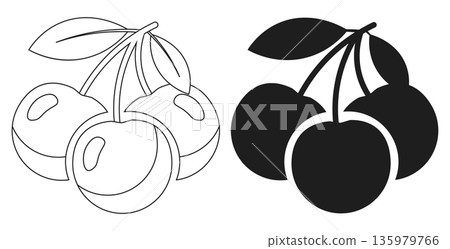 Outline and silhouette of three cherries on a stem with leaves, simple vector art 135979766