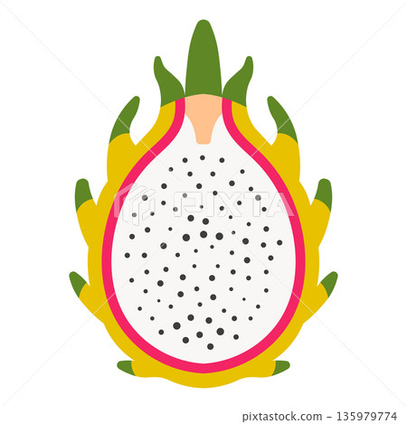 Flat illustration of a dragon fruit slice with black seeds and pink rind Flat illustration of a dragon fruit slice with black seeds and pink rind 135979774