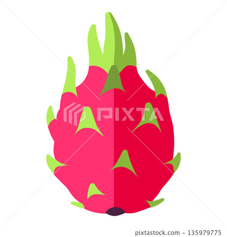 Vibrant pink dragon fruit with green scales, depicted in simple flat illustration style Vibrant pink dragon fruit with green scales, depicted in simple flat illustration style 135979775