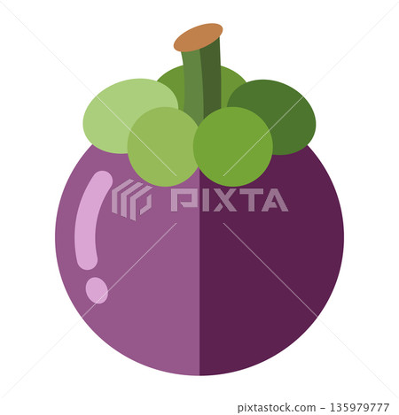 Flat Design Mangosteen Fruit Illustration with Purple Skin and Green Calyx on White Background 135979777