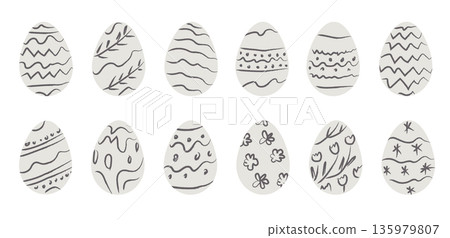 Hand drawn Easter egg collection with simple decorative patterns. Minimal spring holiday egg set in sketch line style for greeting cards, seasonal design. Vector illustration isolated on background. 135979807