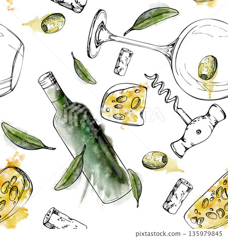 Wine drinking accessories. Bottle, round glass, cheese, olive fruit and leaves, corkscrew. Seamless pattern hand drawn in ink and watercolor for fabric, kitchen decor, wallpaper, boutique interior 135979845