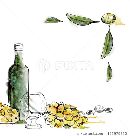 Corner frame with wine bottle and round glass, grape bunch, olive fruit, leaves and cheese outlined in ink, watercolor wash backdrop. Gourmet invitations, winery branding, menus and boutique product. 135979850