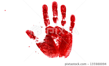 A smudged red handprint shows a palm print.A smudged red handprint shows a palm print. A smudged red handprint shows a palm print.A smudged red handprint shows a palm print. 135980094